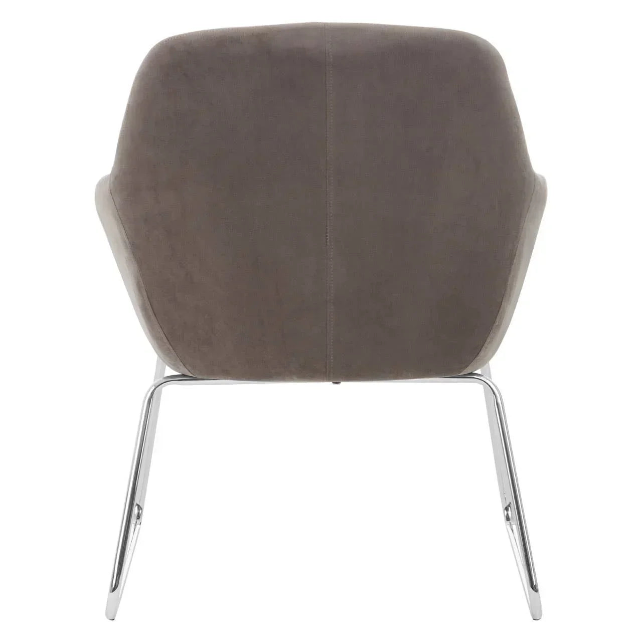 Back view of grey upholstered dining chair with chrome legs