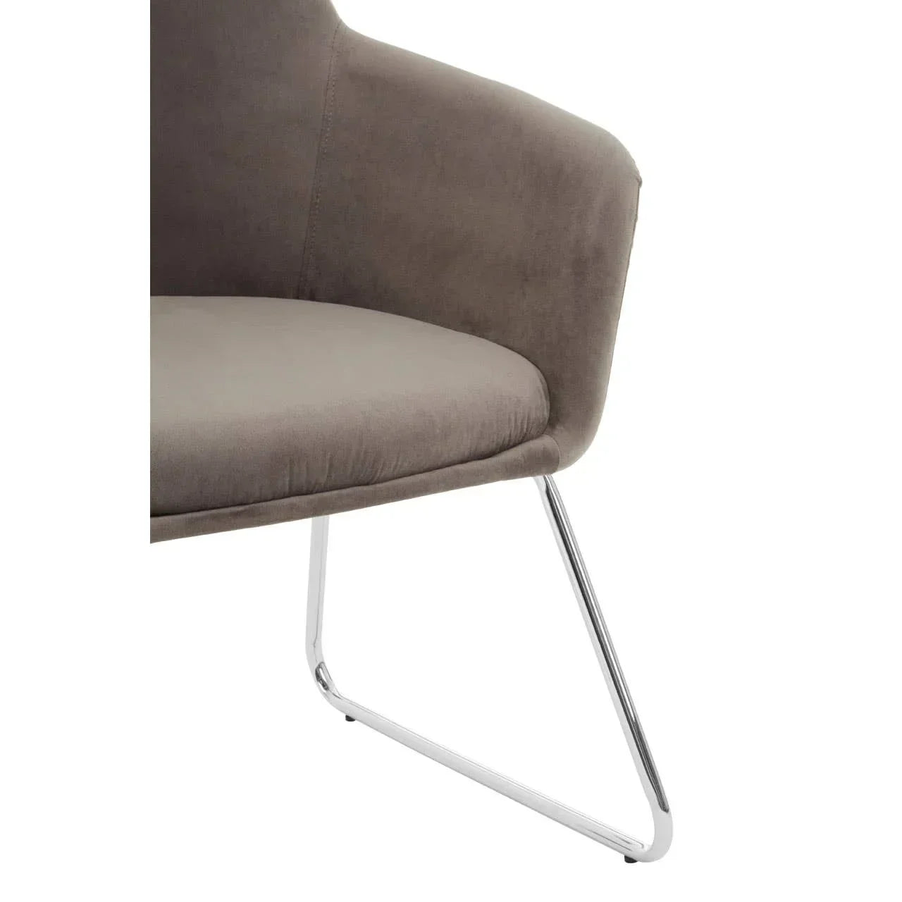 Taupe fabric dining chair with chrome metal sled base, close view of seat and armrest