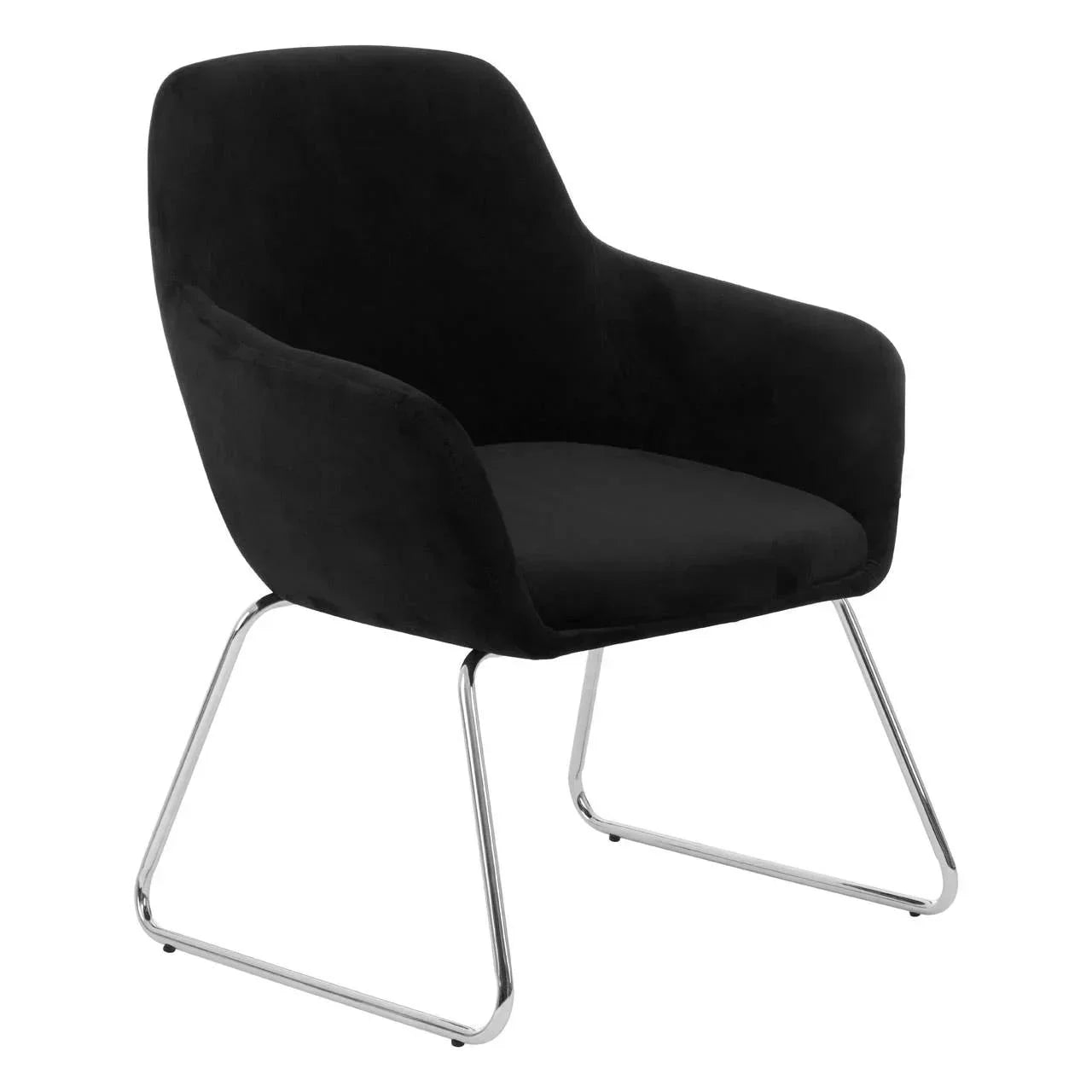 Black velvet armchair with chrome sled legs and curved backrest
