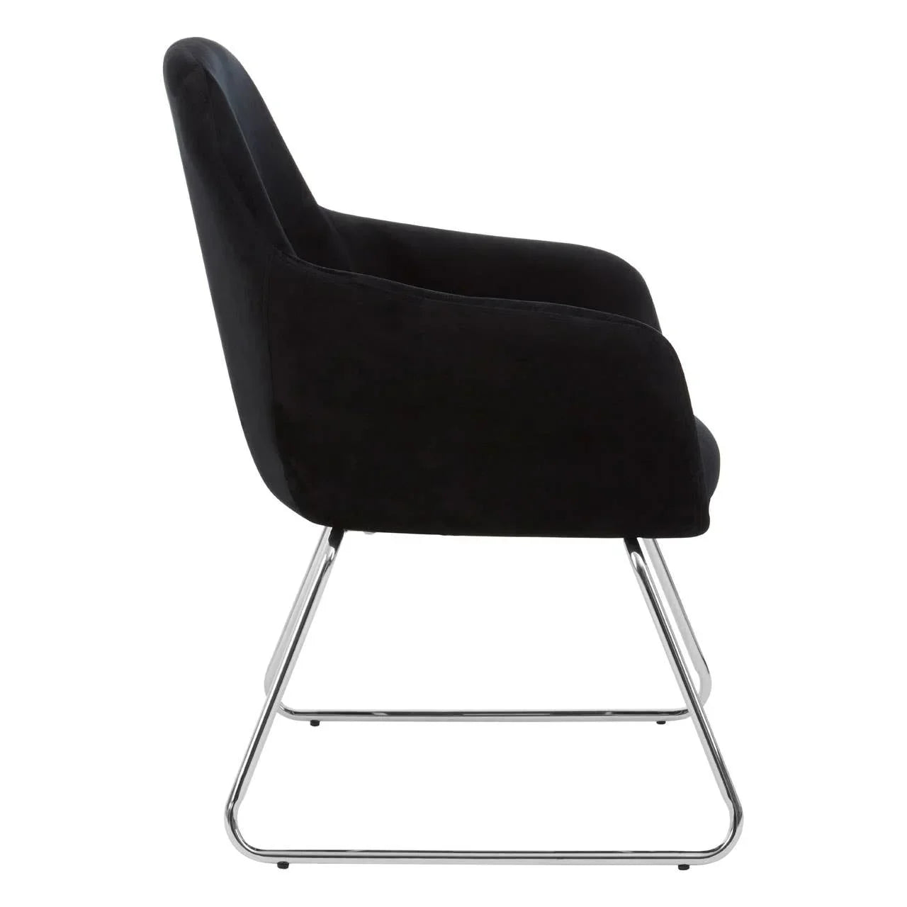 Black velvet accent chair with chromed metal sled base, side profile view