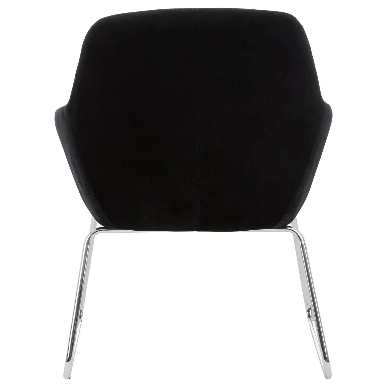 Black upholstered dining chair with chrome legs, rear view