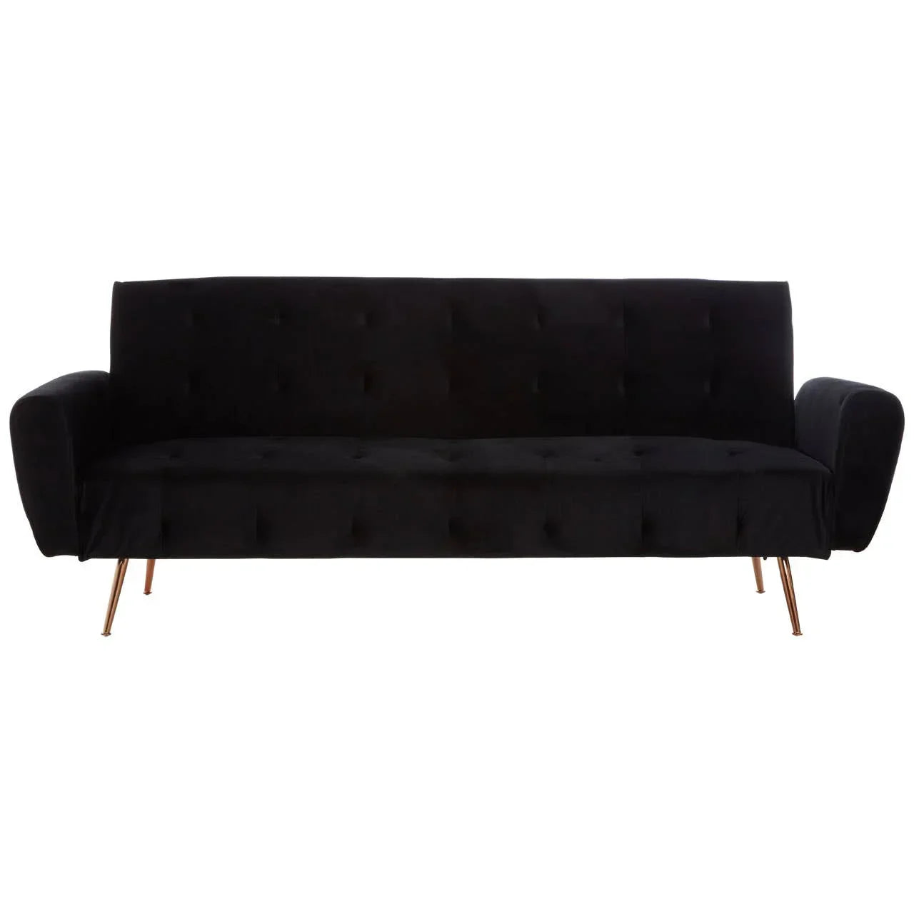 Black velvet sofa with tufted upholstery and angled gold metal legs, front view