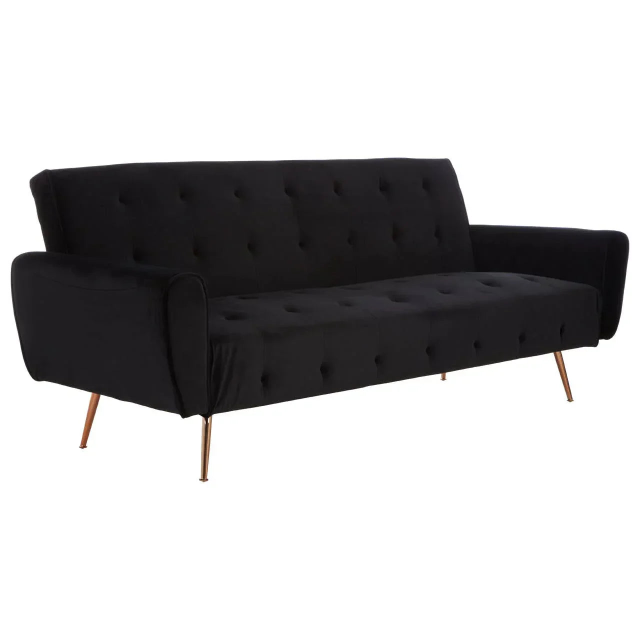 Black fabric sofa with button-tufted backrest and seat, angled gold metal legs