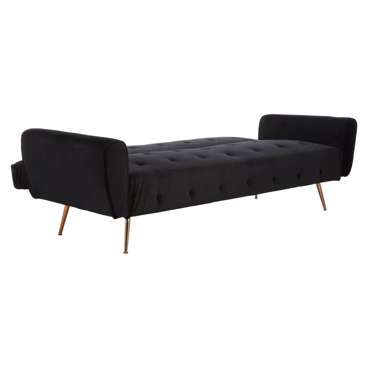Black velvet sofa bed with tufted seat and angled gold legs