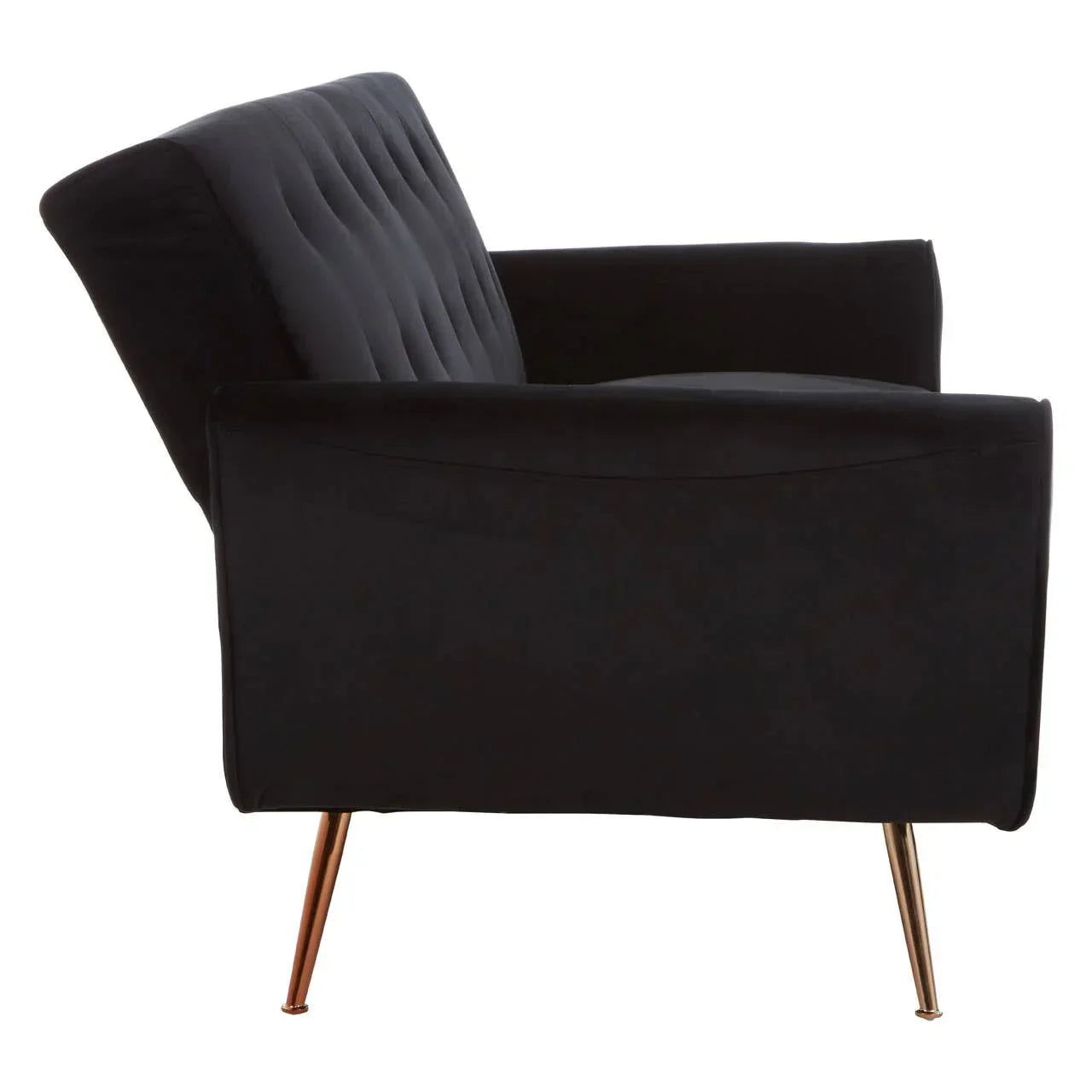 Black velvet accent chair with gold metal legs and tufted backrest, side view