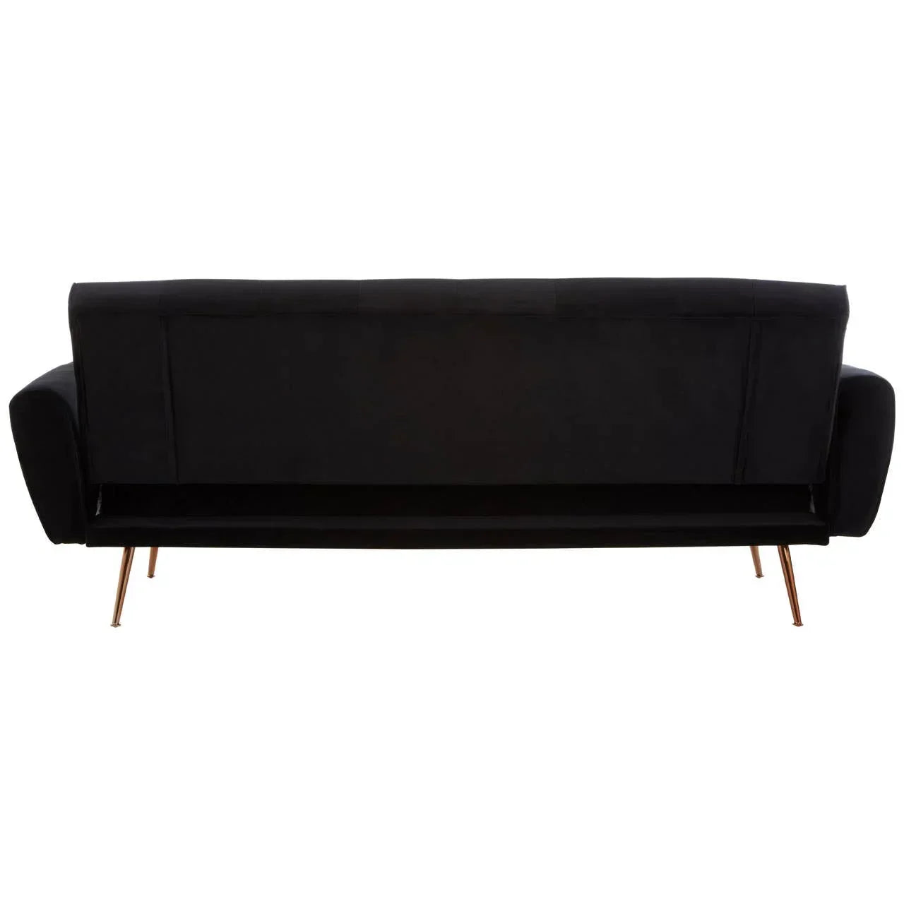 Back view of black velvet sofa with gold metal legs