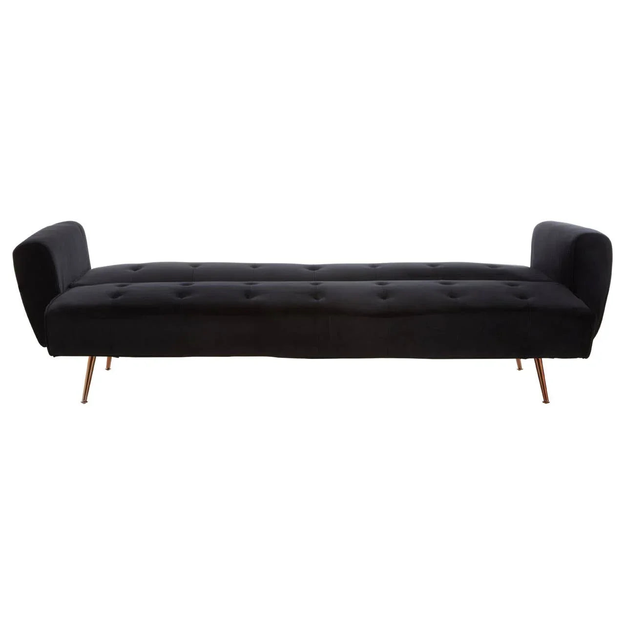 Black velvet sofa bed with button tufting and gold metal legs, front view