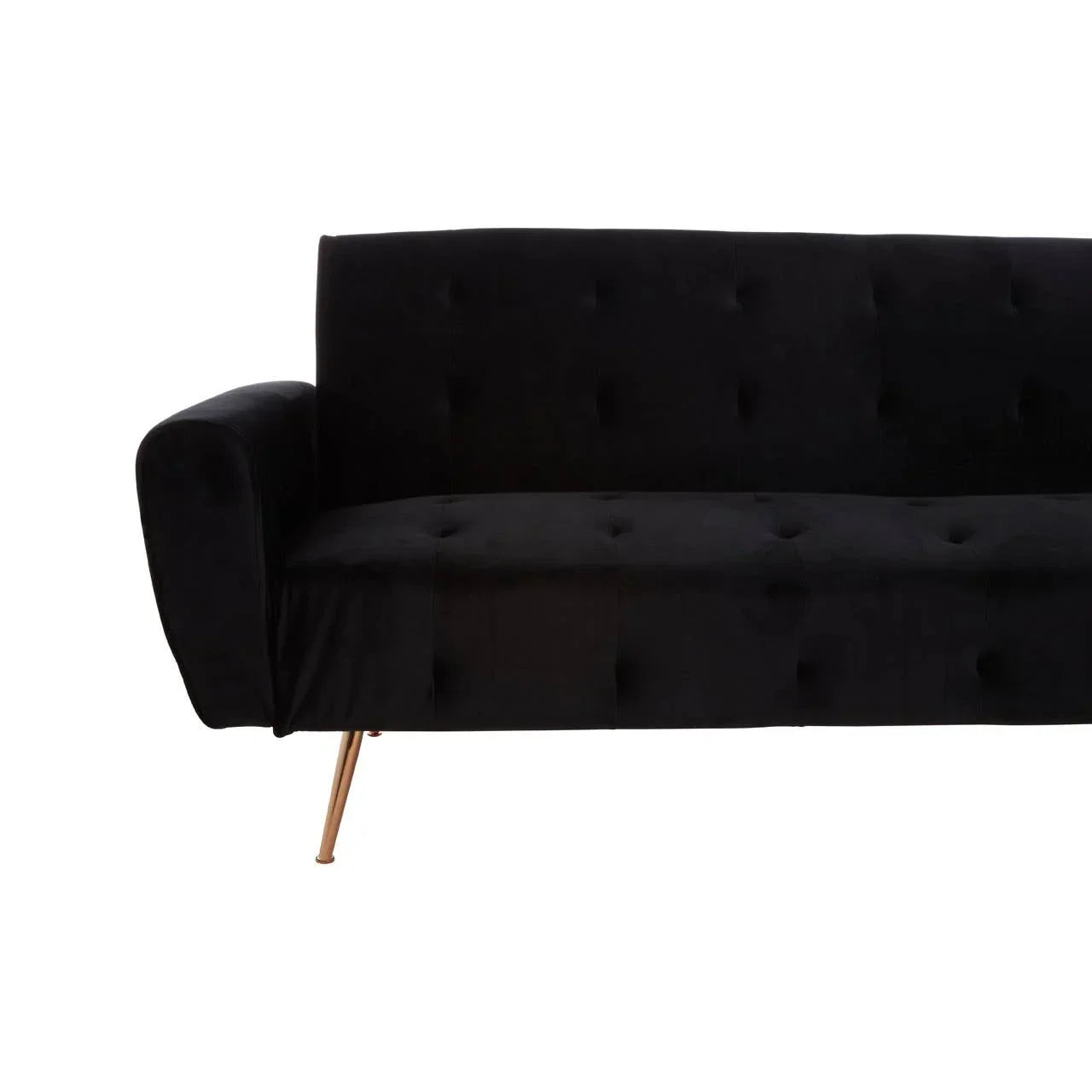 Black velvet sofa with tufted upholstery and gold metal legs, side angle view