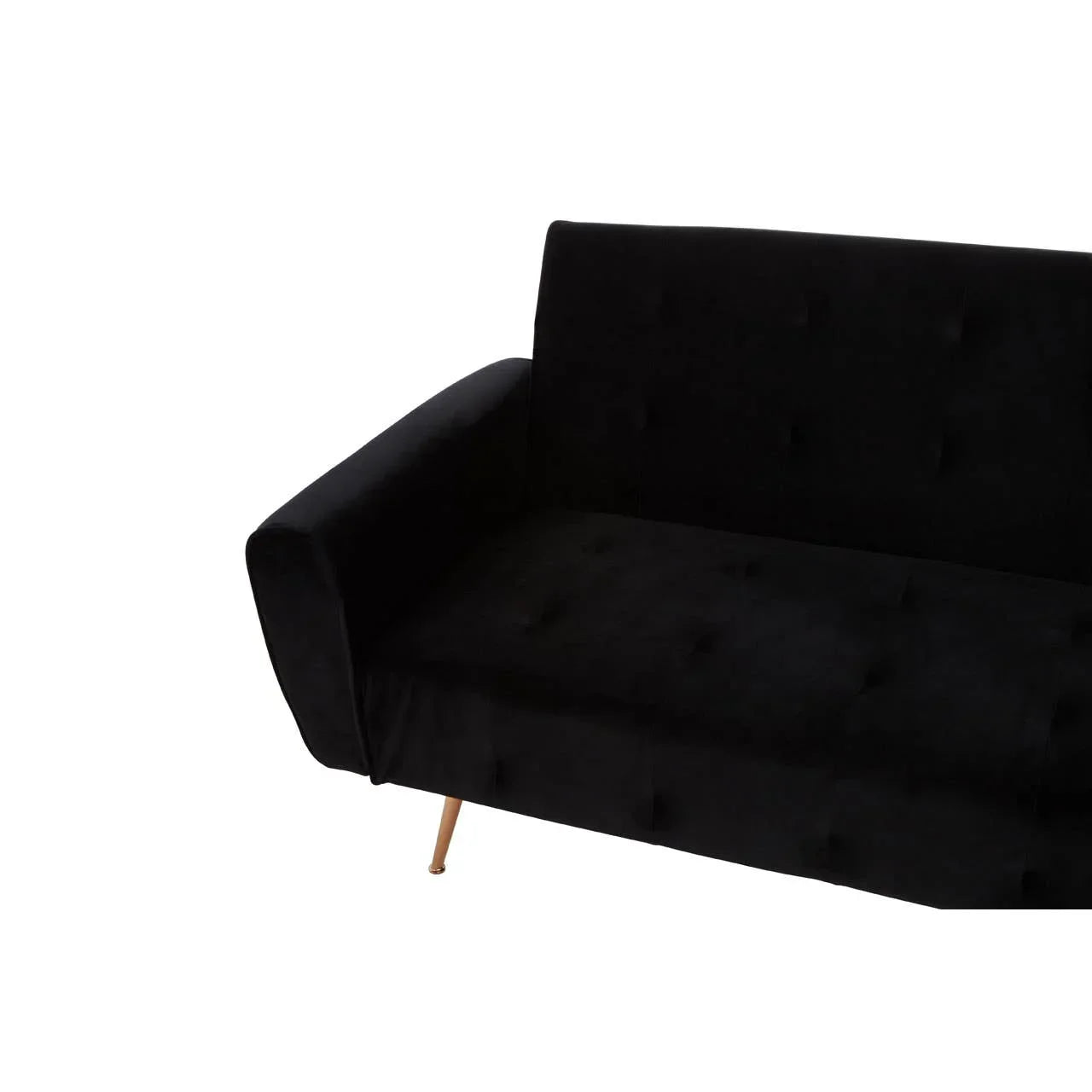 Black velvet sofa with tufted seat and wooden leg, close-up of armrest and backrest