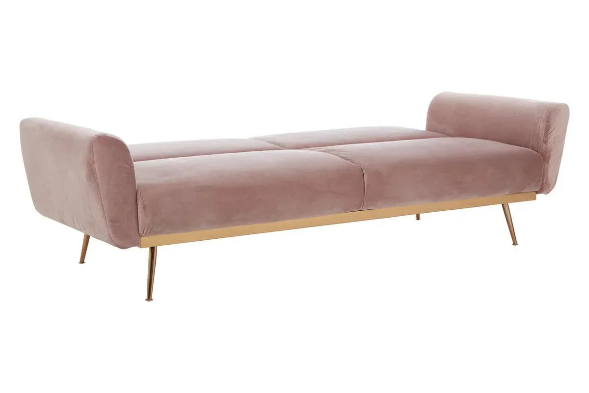 Blush velvet bench sofa with gold metal frame and angled legs, viewed from the side