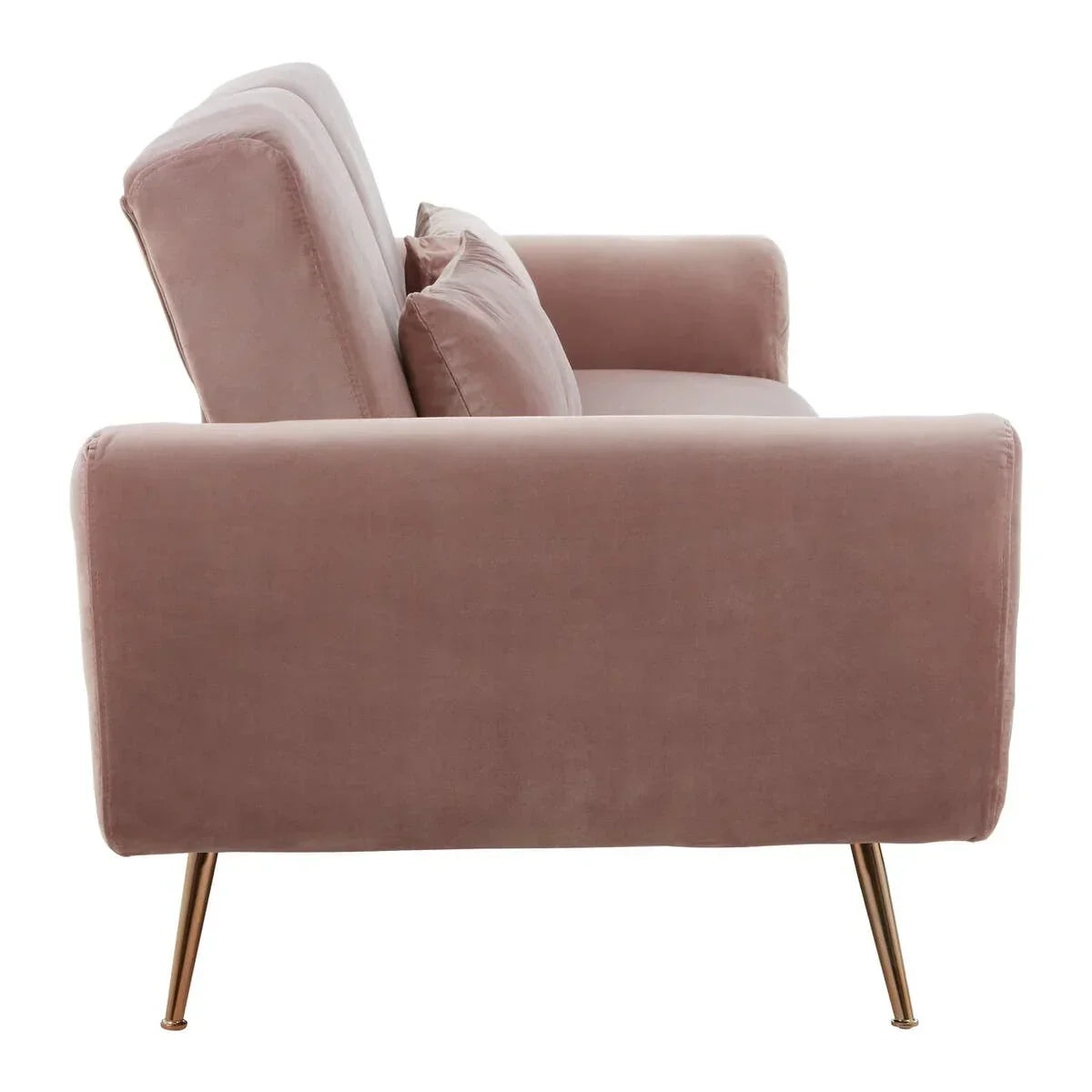 Side view of pink velvet sofa with slim gold metal legs and matching cushions