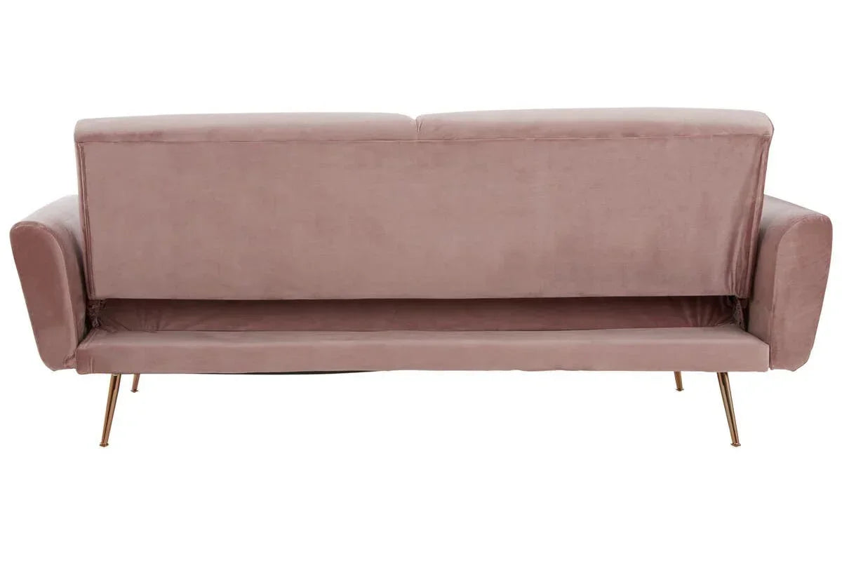 Back view of blush velvet sofa with slim gold legs