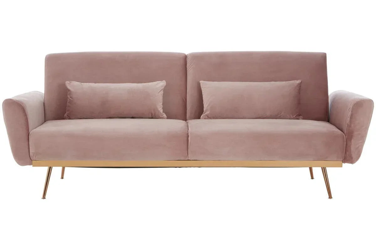 Blush pink velvet sofa with gold legs and matching cushions, front view