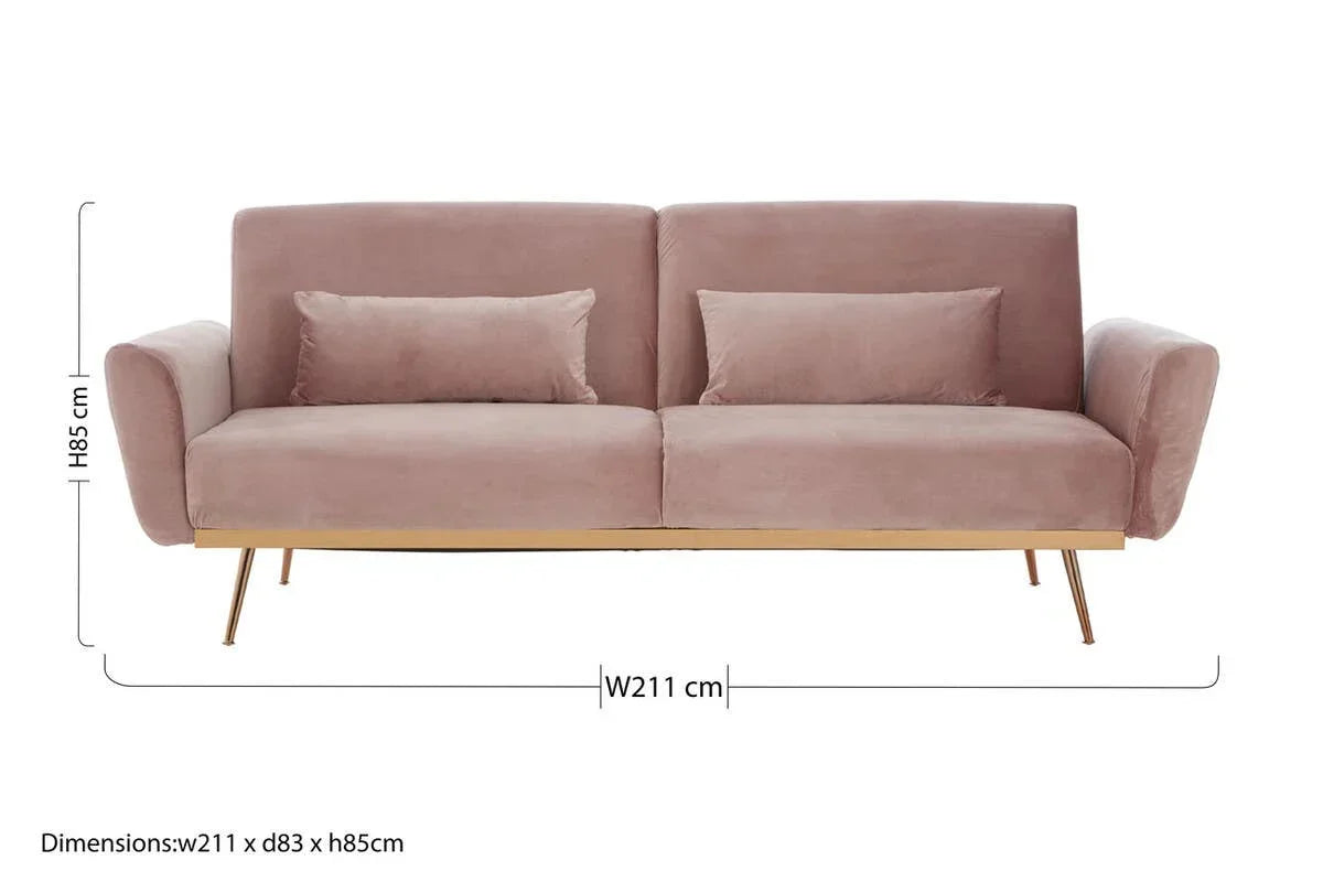 Blush pink velvet sofa with gold metal legs and two cushions, front view, 211cm wide