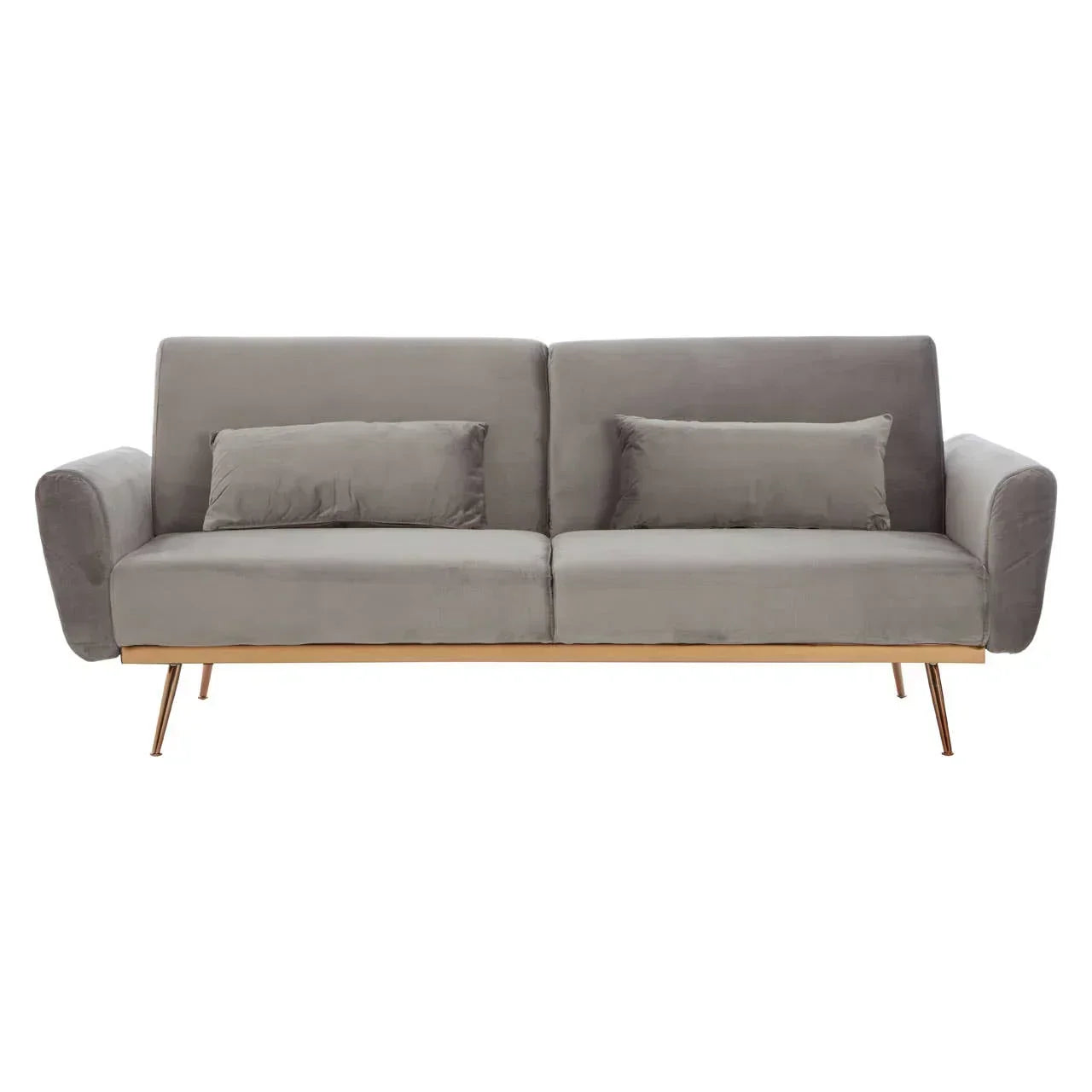 Grey velvet sofa with gold legs and matching cushions, front view