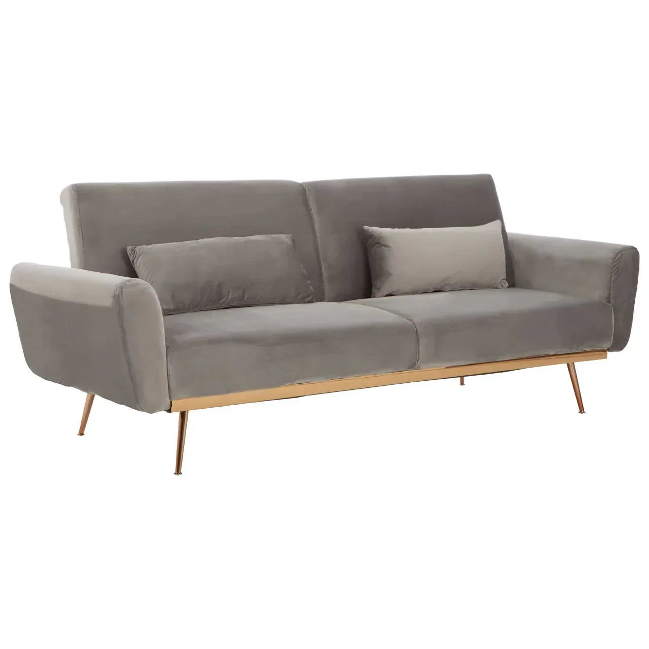 Grey velvet sofa with gold metal legs and matching cushions, viewed from the front angle