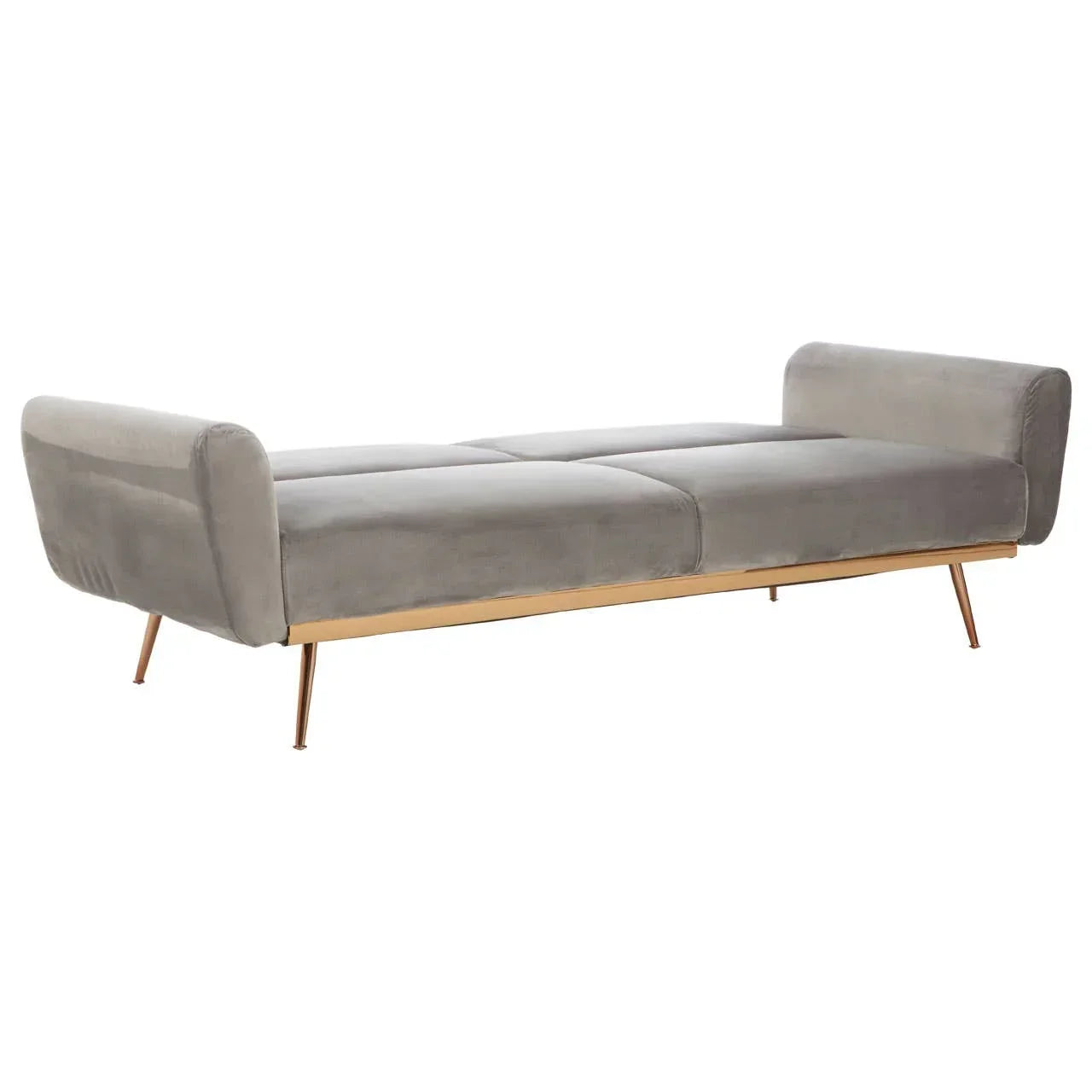 Grey velvet sofa bed with gold metal legs and low arms, side angle view