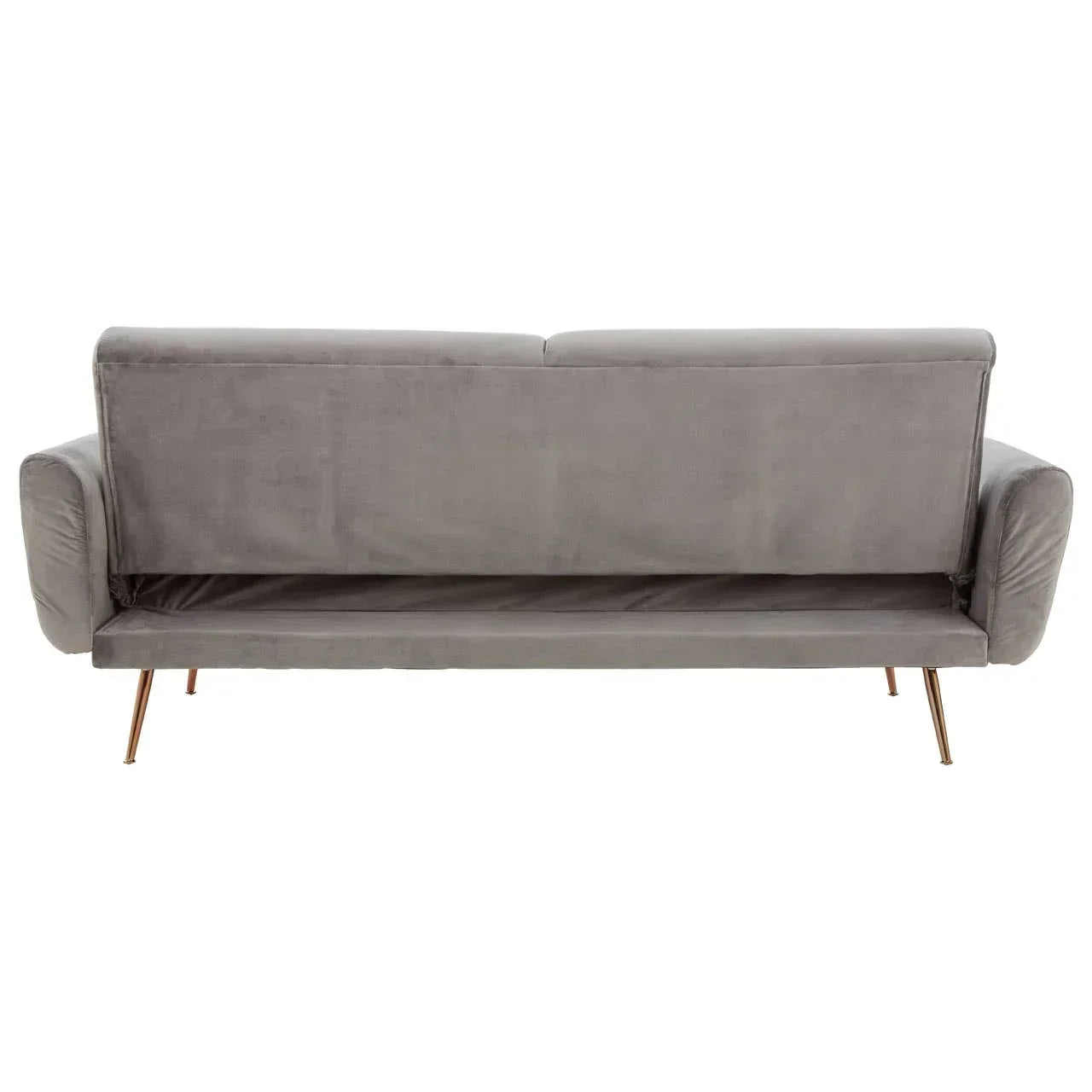 Grey velvet sofa with slim gold legs, rear view highlighting modern design