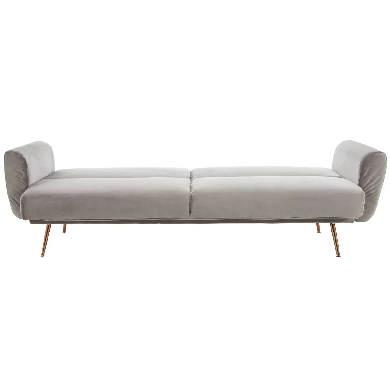 Grey velvet sofa bed with slim gold metal legs, viewed from the front