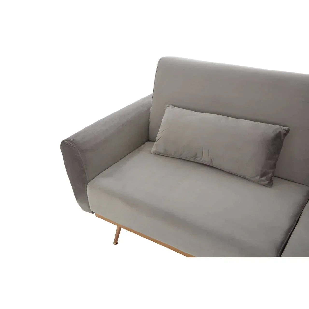 Grey fabric sofa with matching cushion and slim wooden legs, close-up of seat and armrest