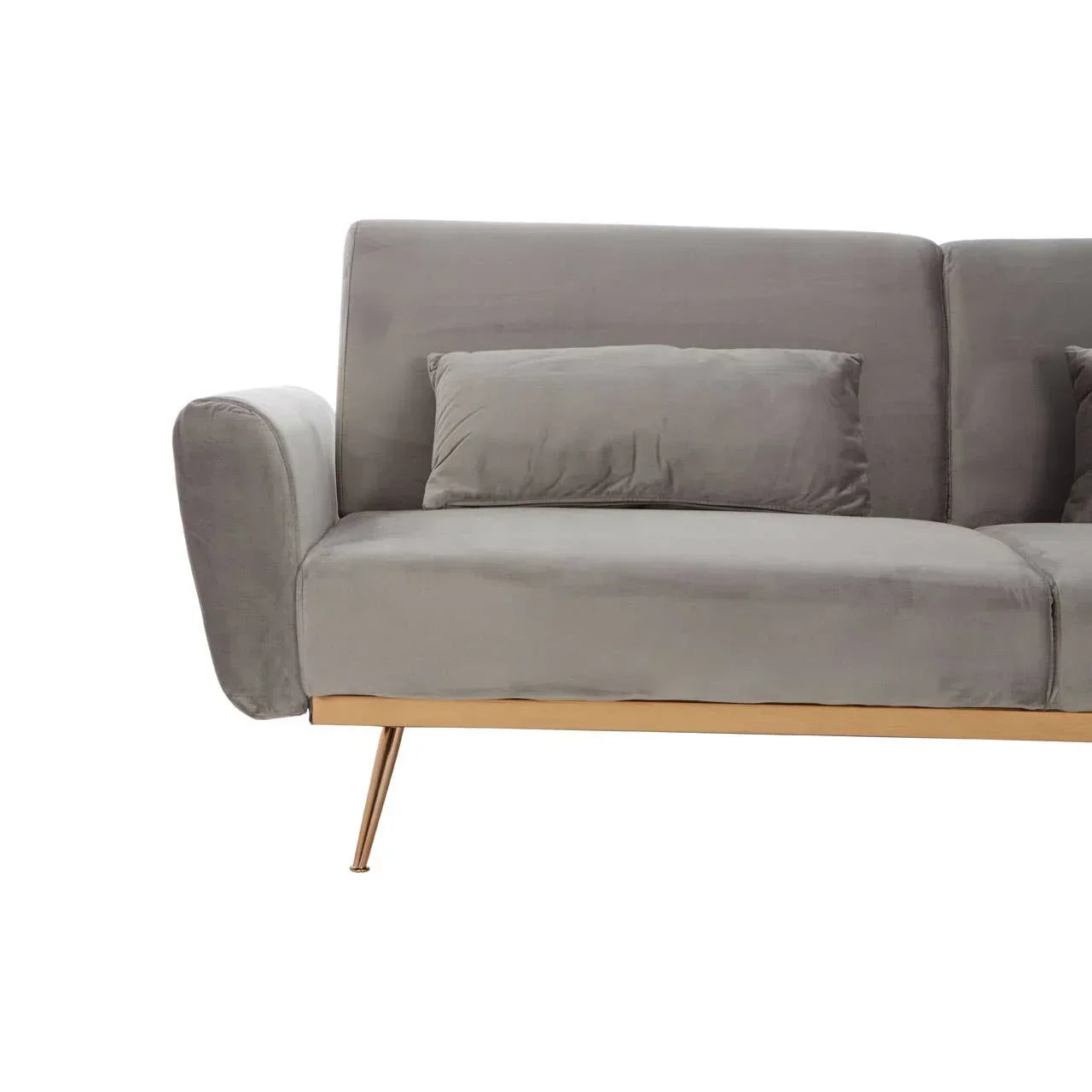 Grey velvet sofa with gold legs and matching cushion, partial front view