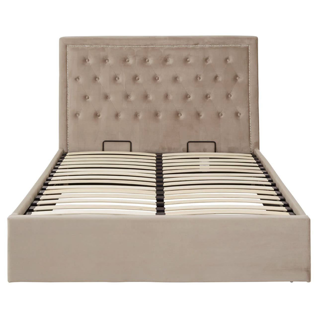 Mink velvet ottoman double bed with a tufted headboard and a spacious storage compartment underneath, featuring a sleek design and neutral color that complements various interior styles