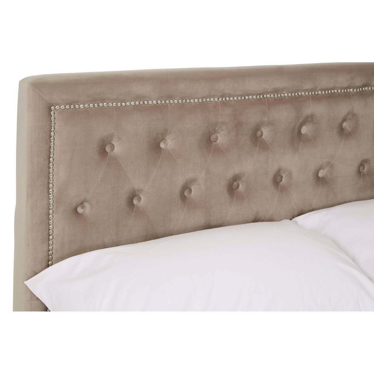 Mink velvet upholstered headboard with tufted detailing and round buttons, featuring a soft, neutral color that complements various bedroom styles