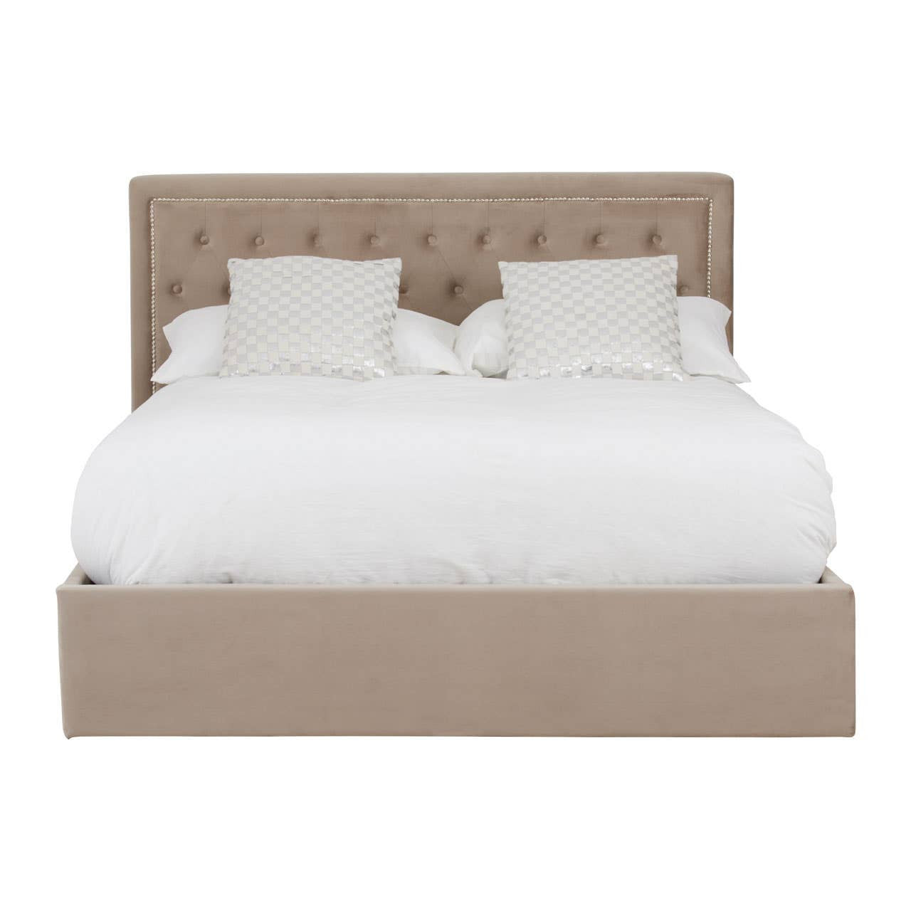Mink velvet king bed with a tufted headboard, featuring two white decorative pillows and a white comforter, along with a storage drawer at the base