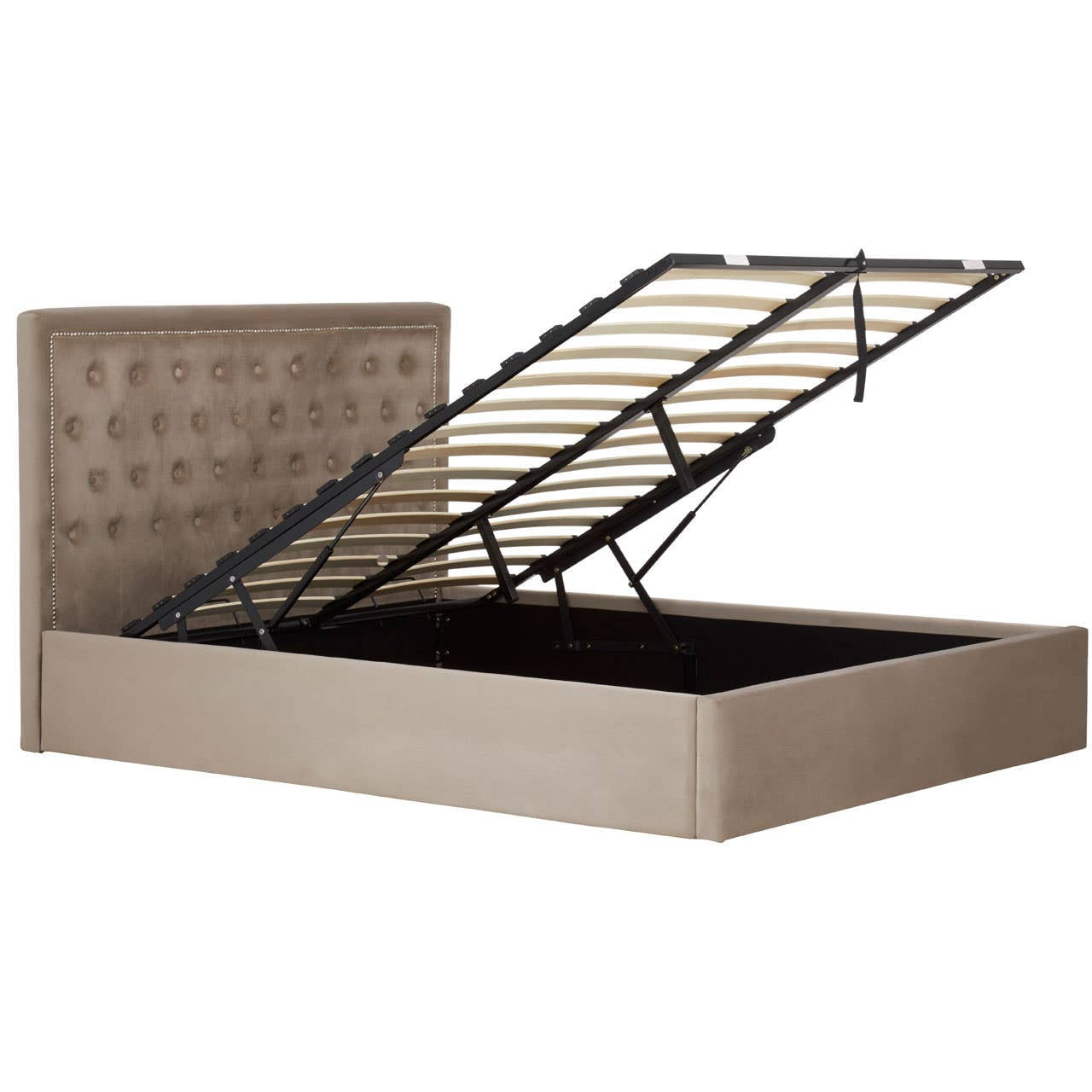 Mink velvet king bed with a tufted headboard and an ottoman-style lift mechanism, revealing a spacious storage compartment underneath. The bed features a sleek design with a neutral color palette, complemented by sturdy black metal supports
