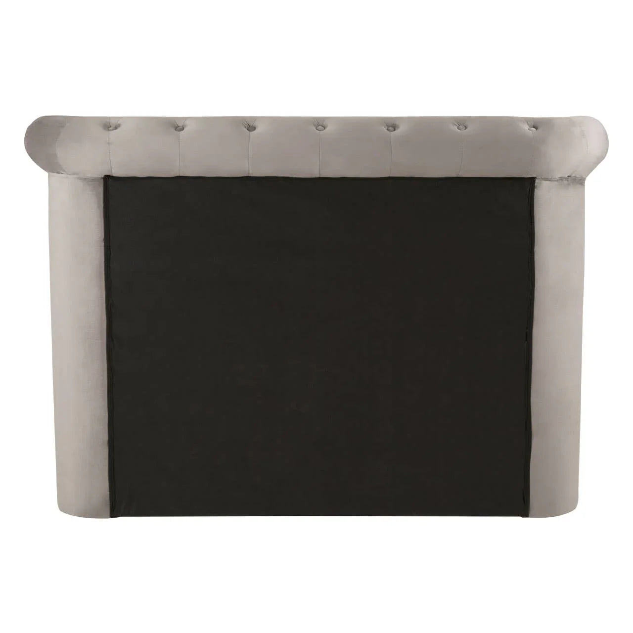 Rear view of grey upholstered bed headboard with black fabric backing and button details