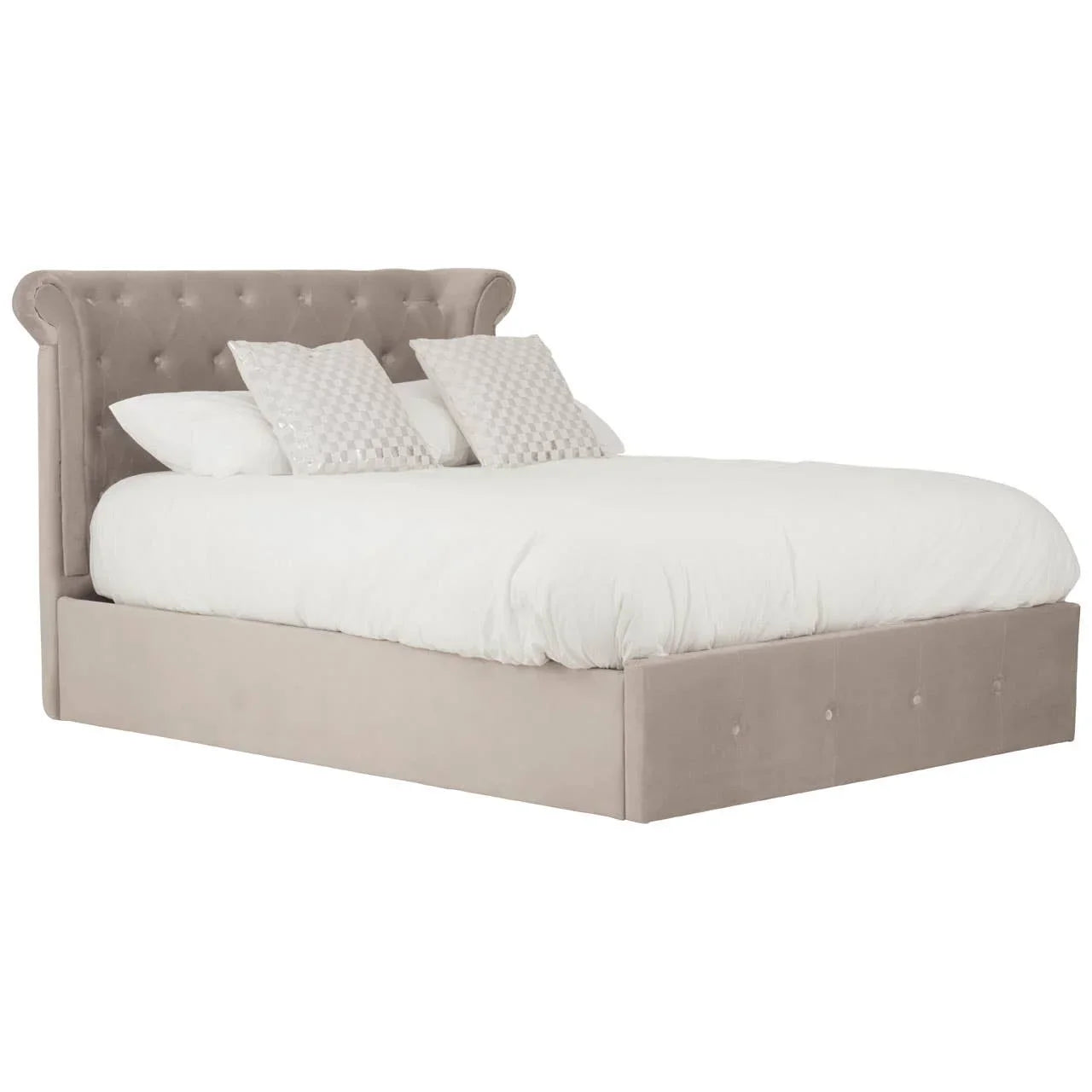 Beige upholstered bed frame with tufted headboard and white bedding