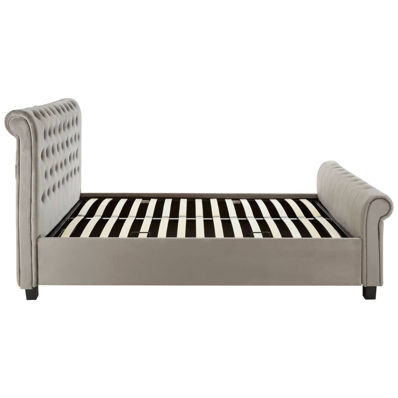 Grey ottoman king bed featuring a tufted headboard and side rails, with a slatted base for mattress support, set on short black legs