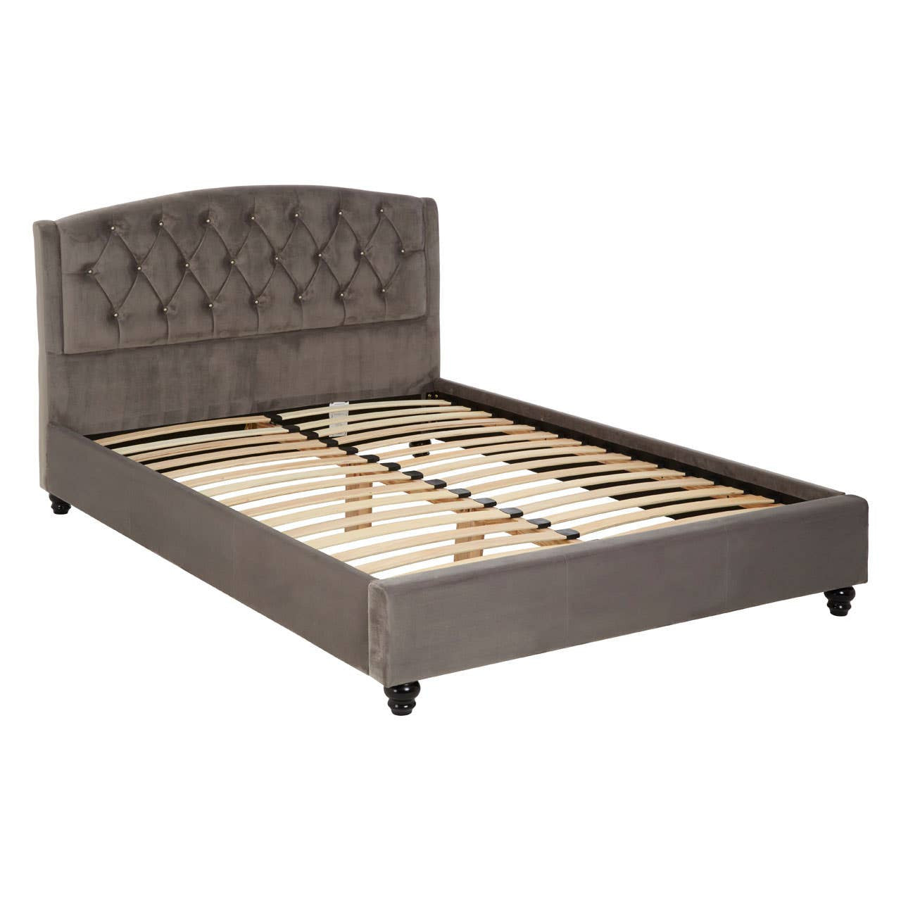 Double bed with a steel shade upholstered headboard featuring tufted detailing, a wooden slatted base, and dark wooden legs. The bed frame is designed for a mattress and has a modern, stylish appearance suitable for various bedroom decors