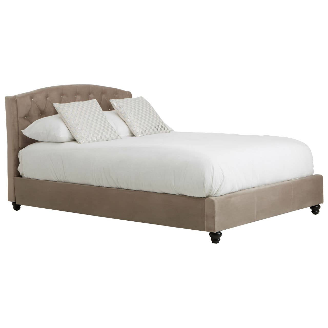 Mink brushed velvet double bed with a curved headboard, featuring three white pillows and a white mattress, resting on four black legs