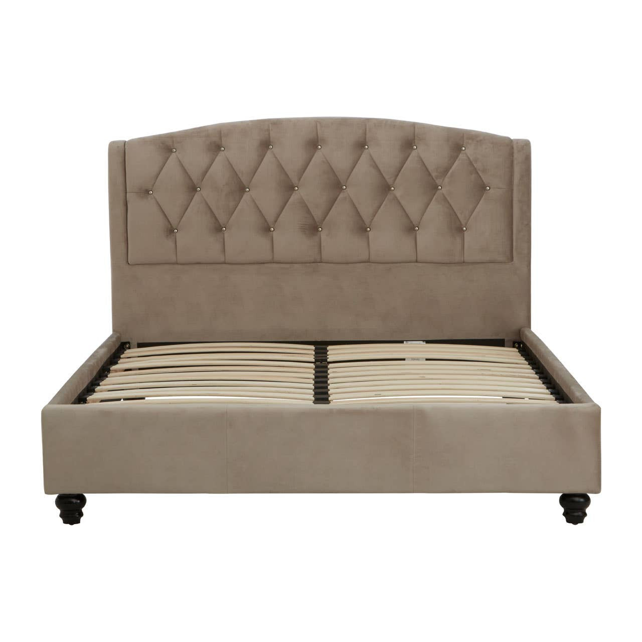 Mink brushed velvet double bed featuring a tufted headboard and a low-profile base with storage space underneath, supported by four black legs