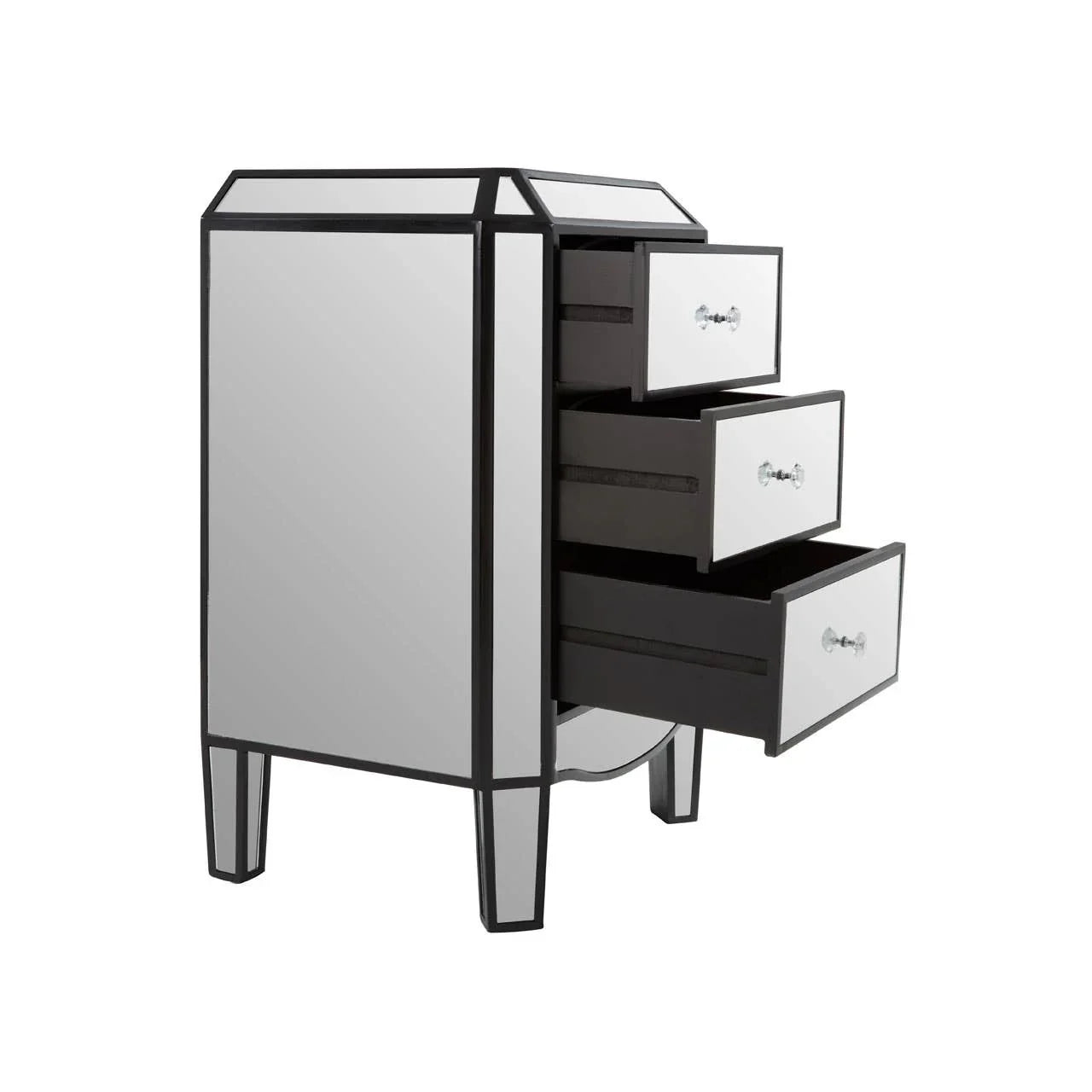 Mirrored chest of drawers with three open drawers and crystal knobs, side angle view