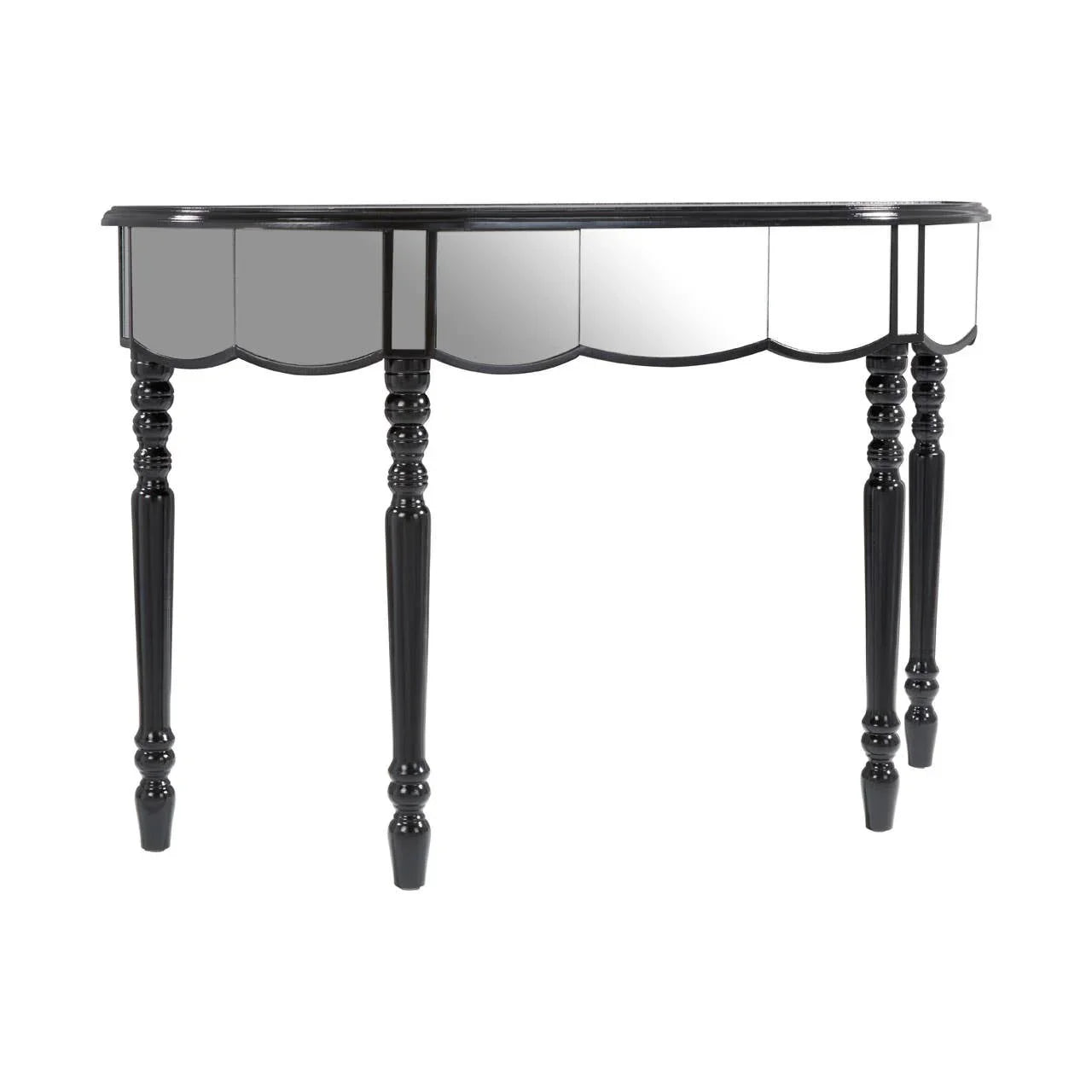 Mirrored console table with black frame and scalloped edge, four turned wooden legs
