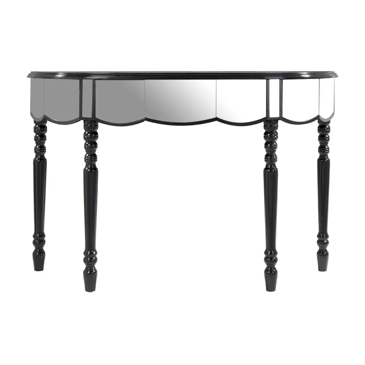 Mirrored console table with black scalloped edge and turned wooden legs