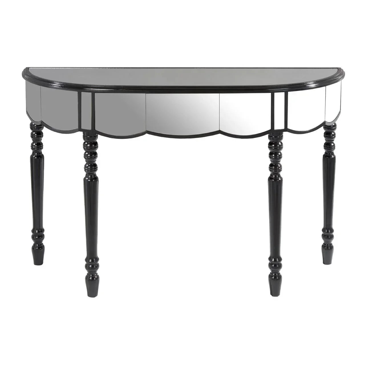 Mirrored console table with black wooden legs and scalloped front design