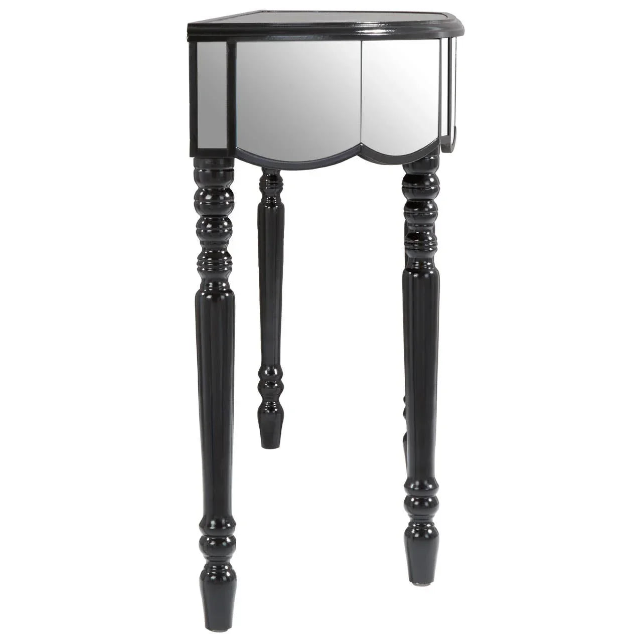 Black mirrored console table with turned legs and scalloped edge front view