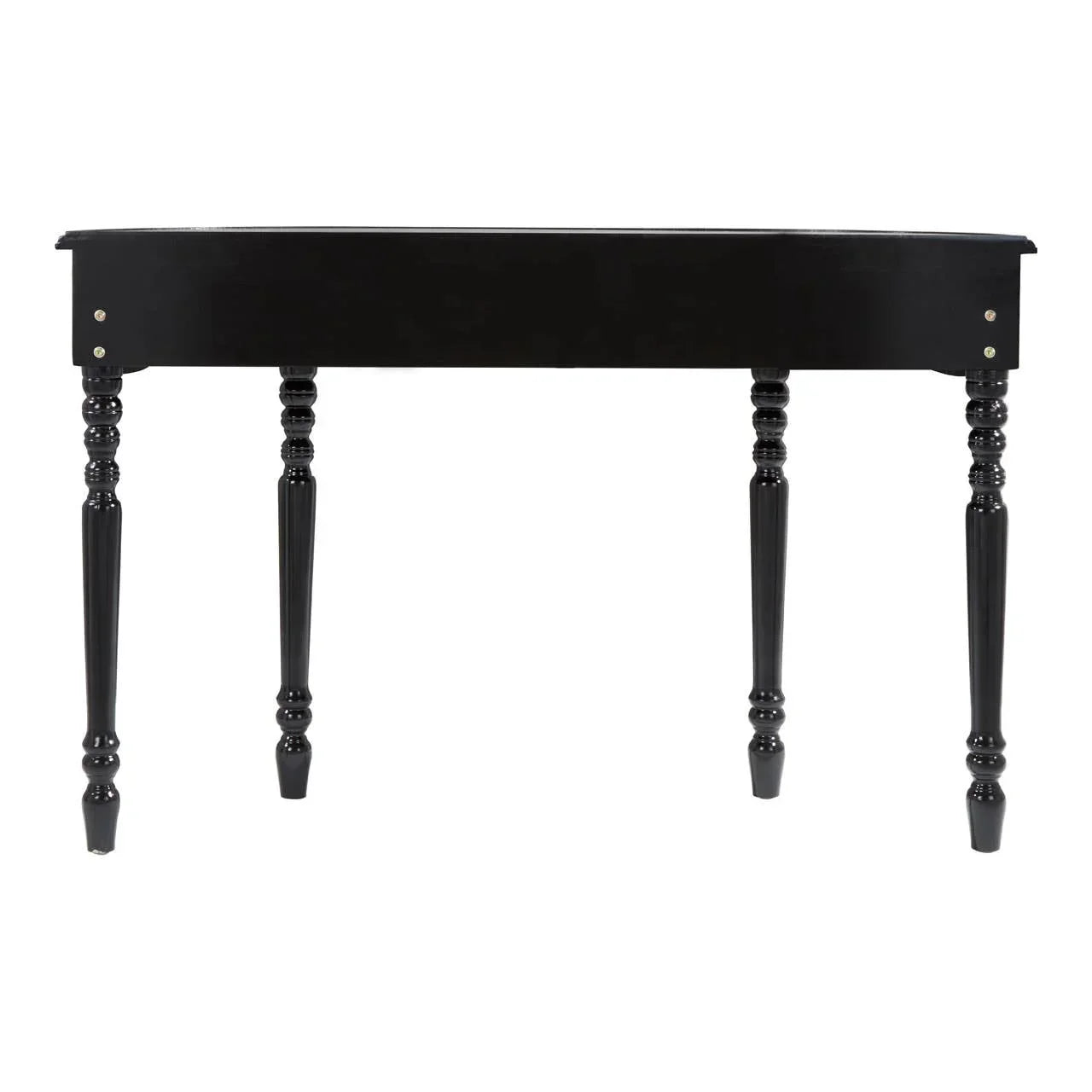 Black wooden console table with turned legs, front view