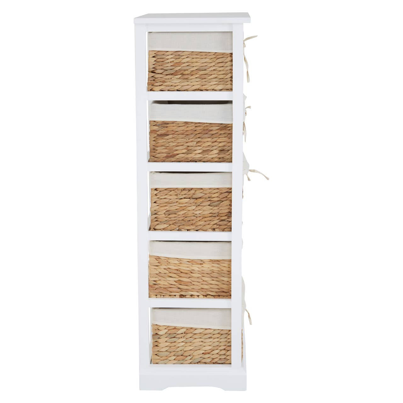 Tall, narrow chest with a white wooden frame and five woven seagrass drawers, each featuring a natural texture and tied with a light-colored ribbon. The chest has a clean, modern design suitable for home decor