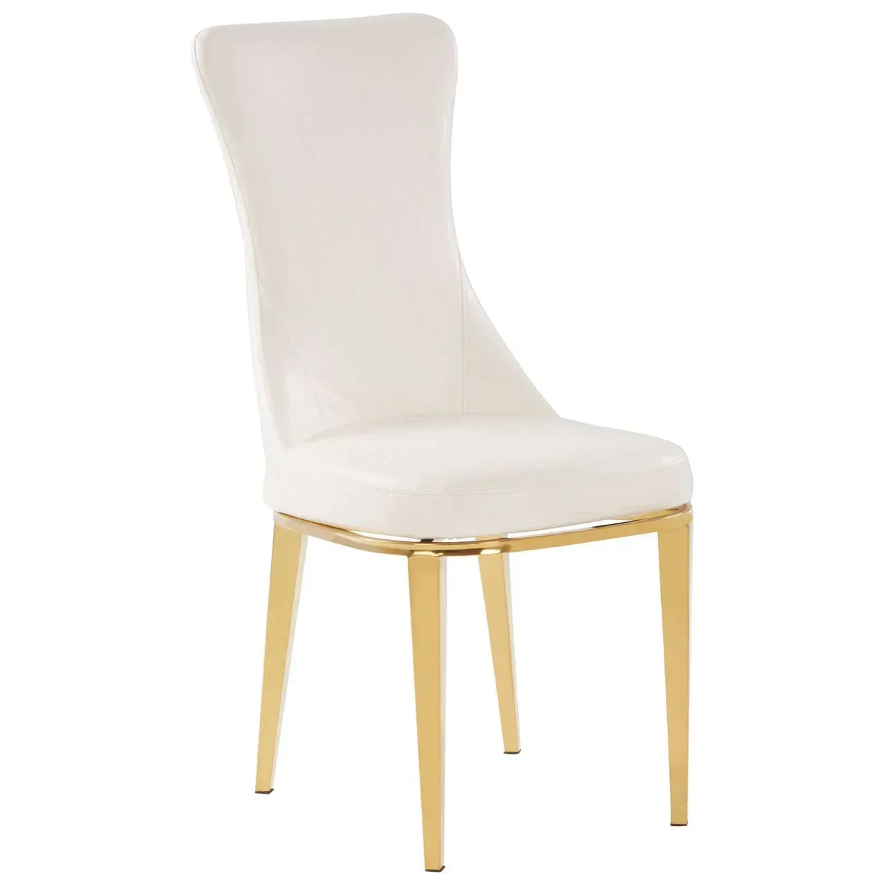 White dining chair with gold metal legs and curved backrest on plain background