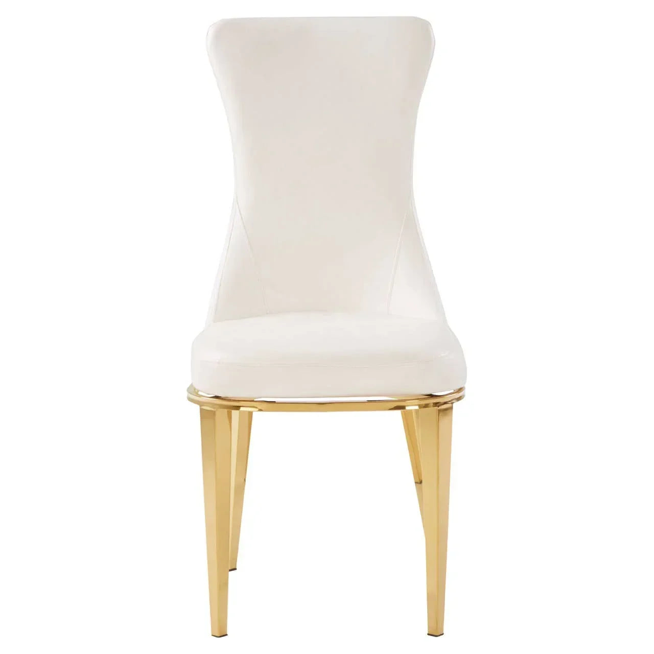 White dining chair with gold metal legs and high backrest, front view