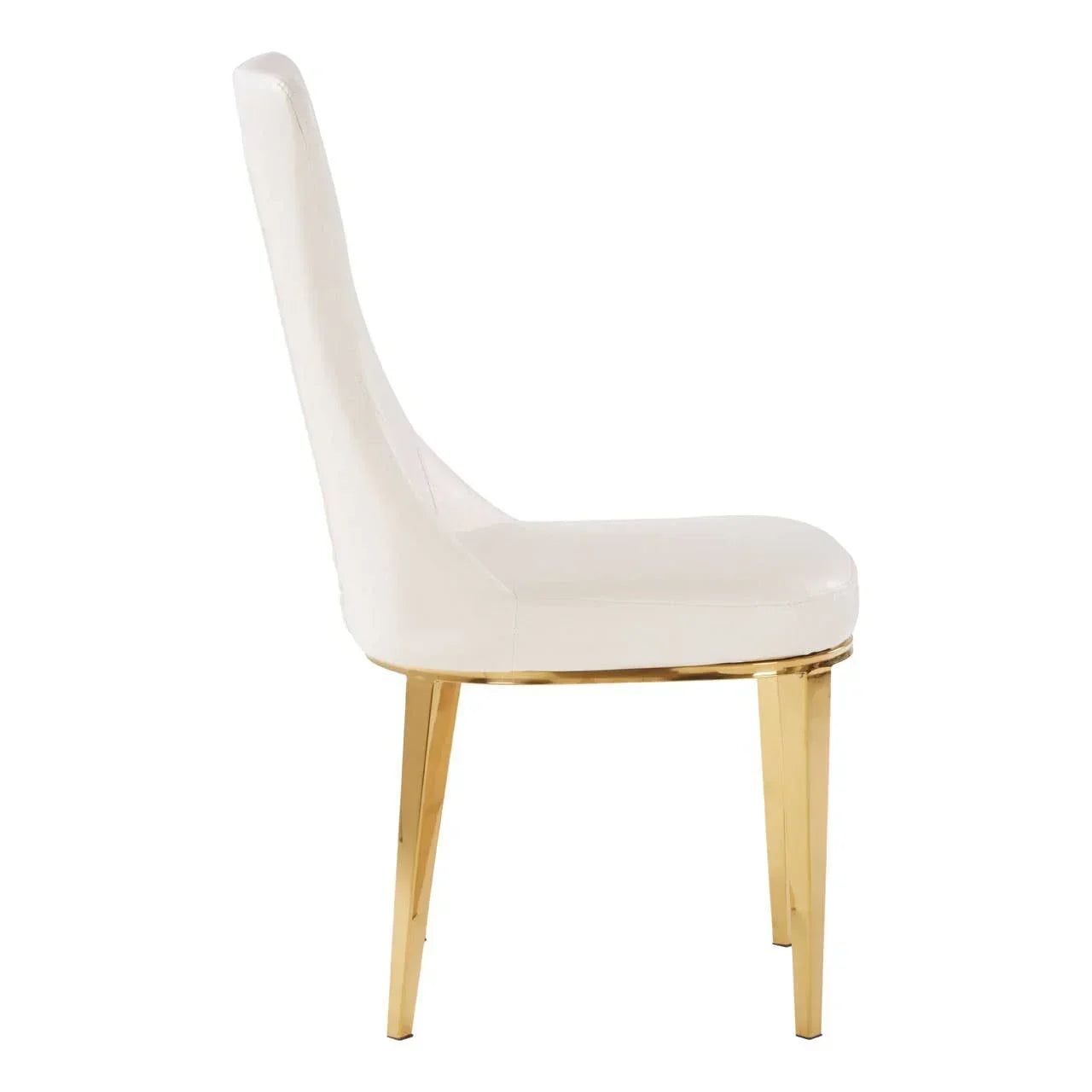 White dining chair with high back and gold metal legs side profile
