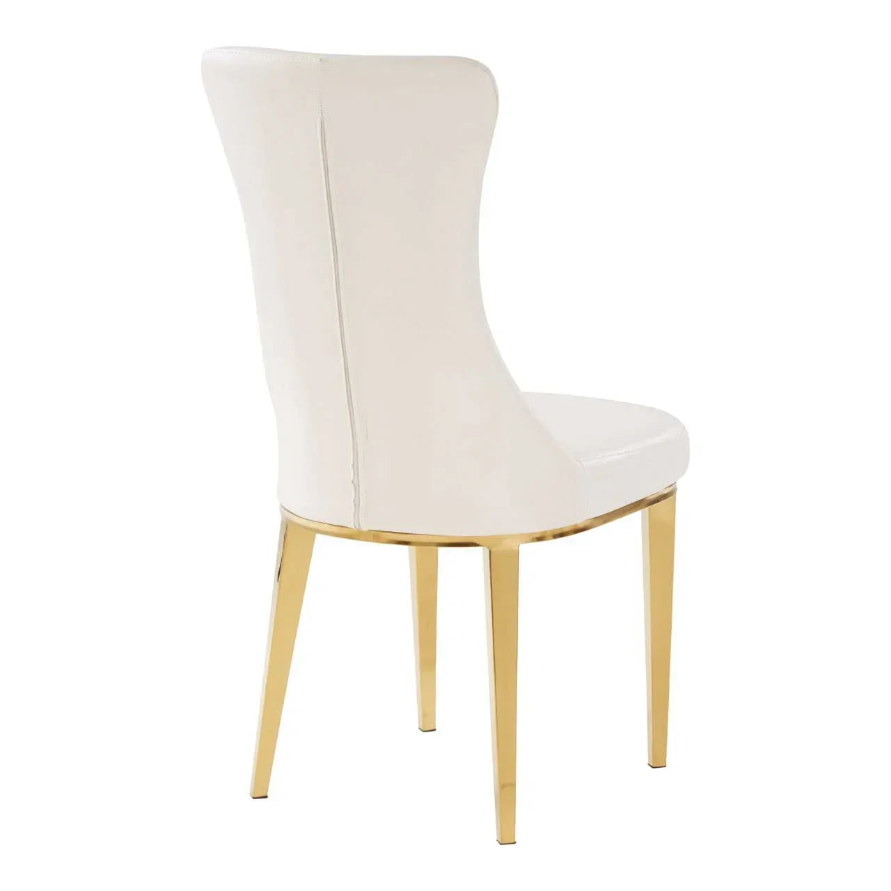 White dining chair with gold metal legs, angled view showing backrest and seat