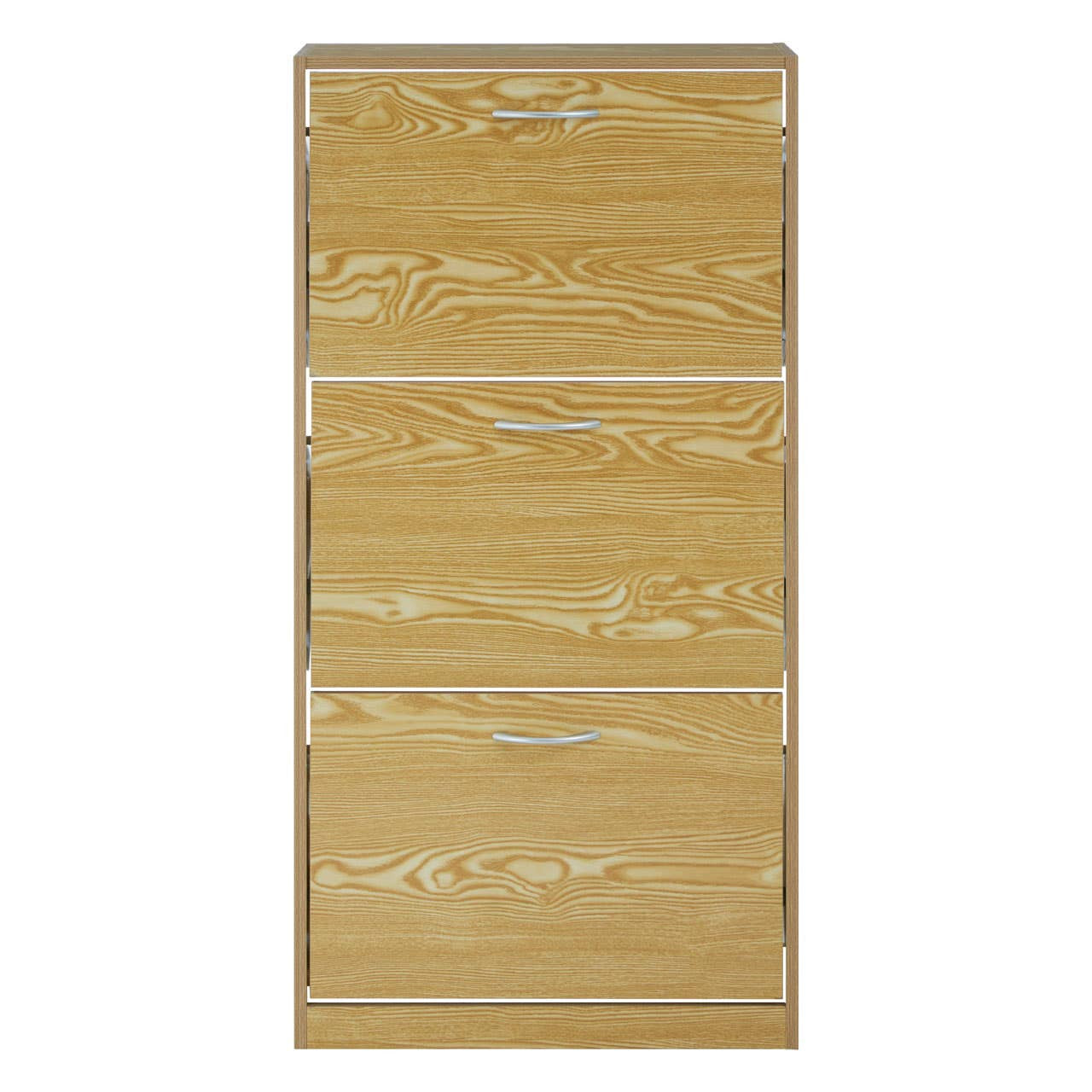 Light wood shoe cabinet with three horizontal storage compartments, featuring a smooth surface and a minimalist design. The cabinet has a natural wood grain pattern and a simple rectangular shape, suitable for organizing footwear in an entryway or hallway