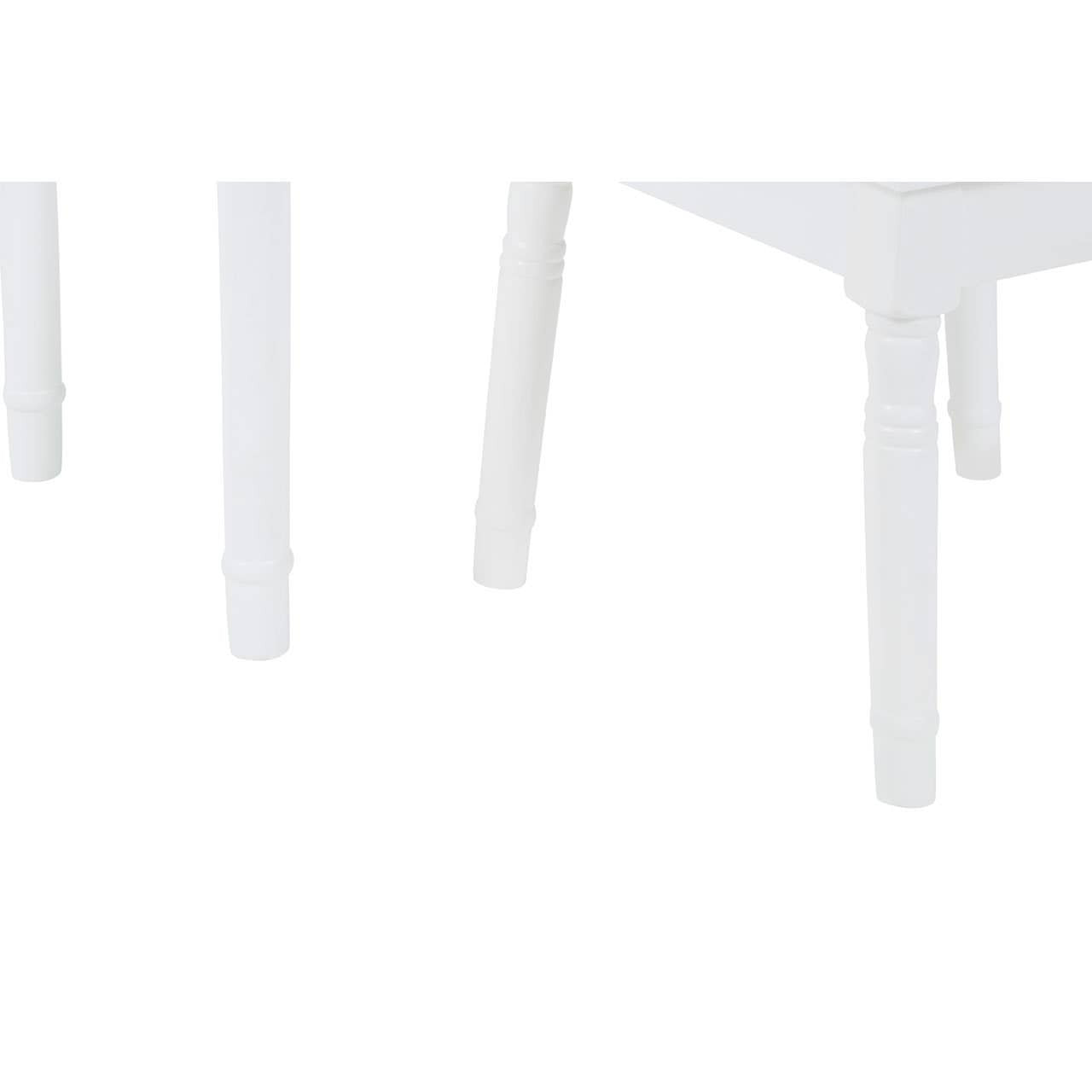 A white children's dressing table with a matching stool, featuring clean lines and a minimalist design. The table has a smooth surface and four sturdy legs, while the stool is simple and complements the table's aesthetic