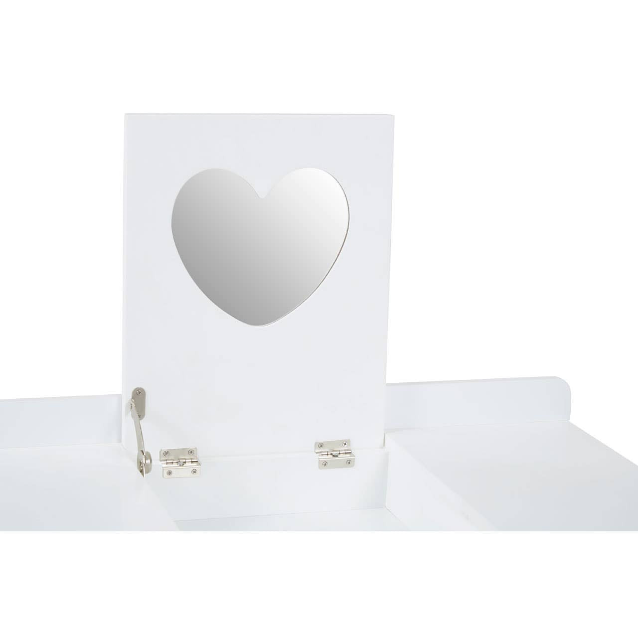 White children's dressing table featuring a heart-shaped mirror and a matching stool. The table has a smooth surface and simple design, with gold accents on the hardware