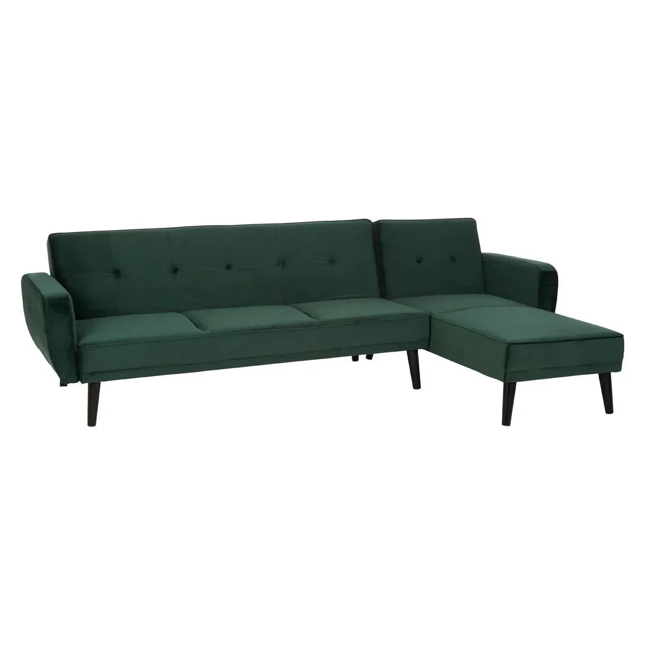Green fabric corner sofa with chaise and black wooden legs, angled front view